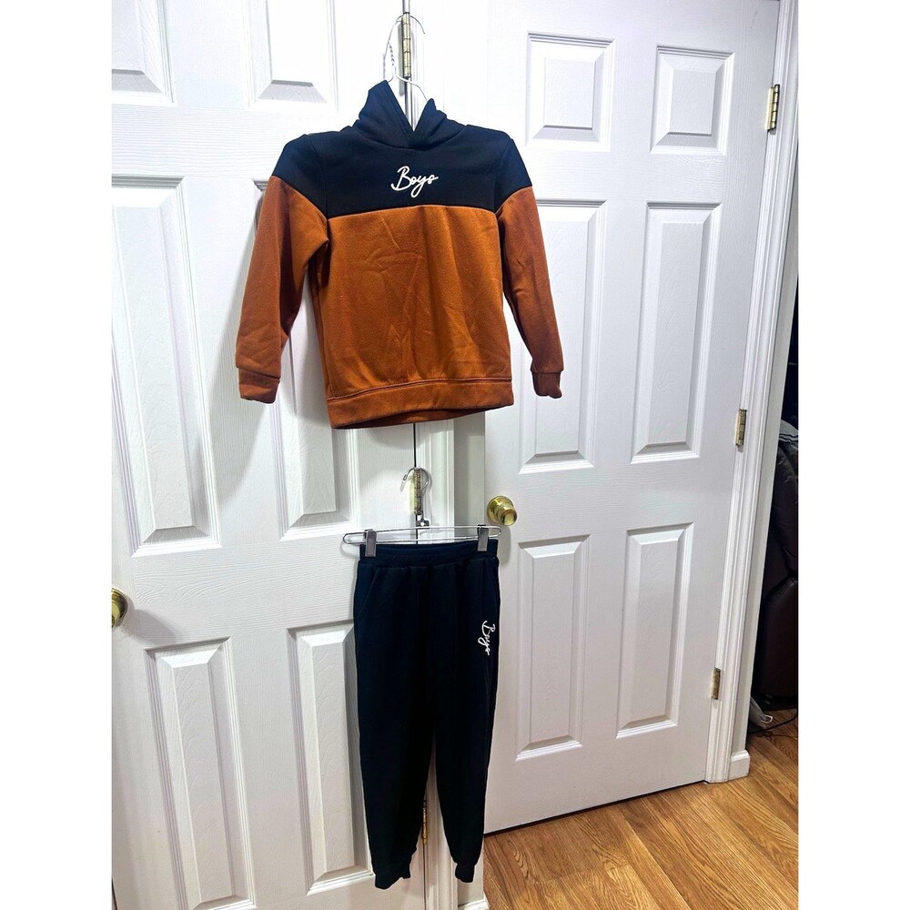 SHEIN Boys 8Y 2-Piece Fleece Colorblock Hoodie & Jogger Pants Set Black/Brown